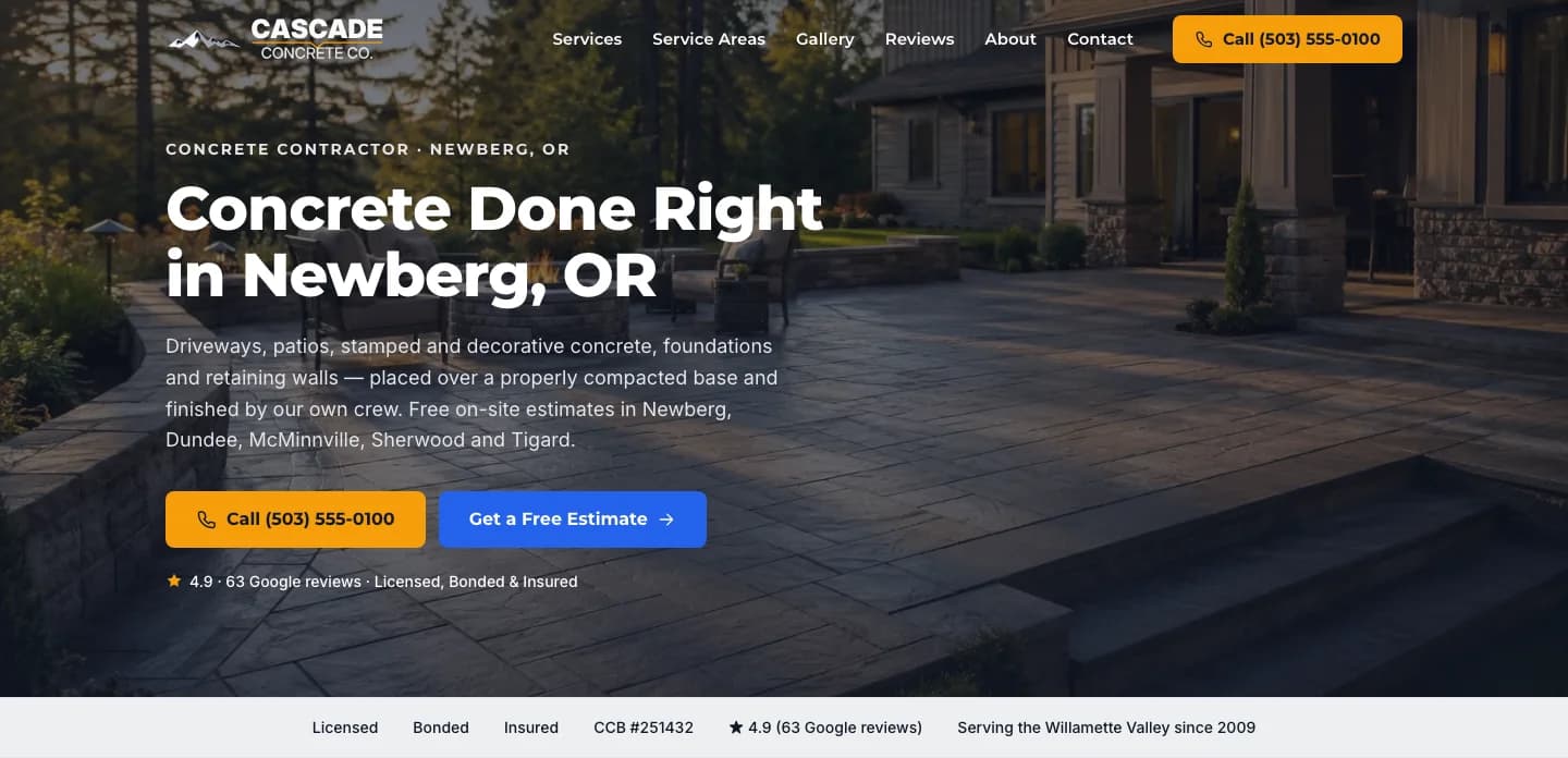 Desktop home page. A full-width photo of a finished patio at dusk sits behind the headline 'Concrete Done Right in Newberg, OR', a paragraph listing driveways, patios, stamped concrete, foundations and retaining walls, and side-by-side Call (503) 555-0100 and Get a Free Estimate buttons. Below them a 4.9-star, 63-review line, and a trust bar listing Licensed, Bonded, Insured, CCB #251432.
